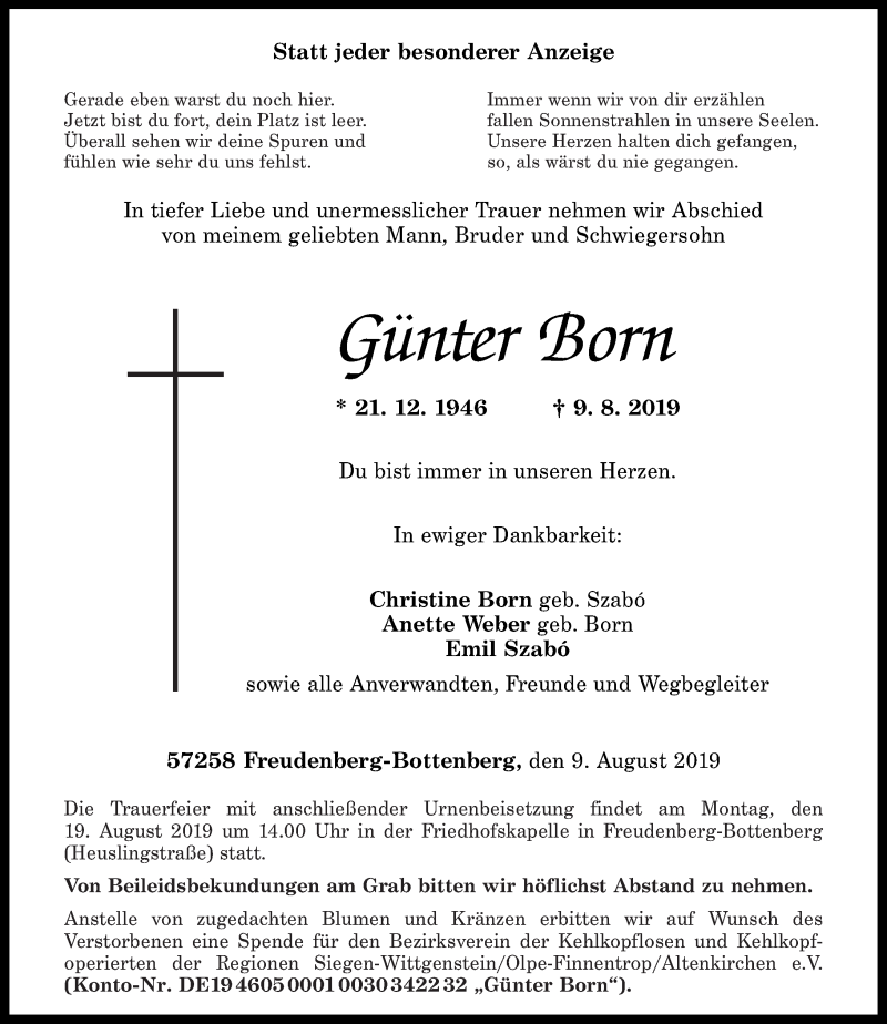  Traueranzeige für Günter Born vom 15.08.2019 aus Rhein-Zeitung