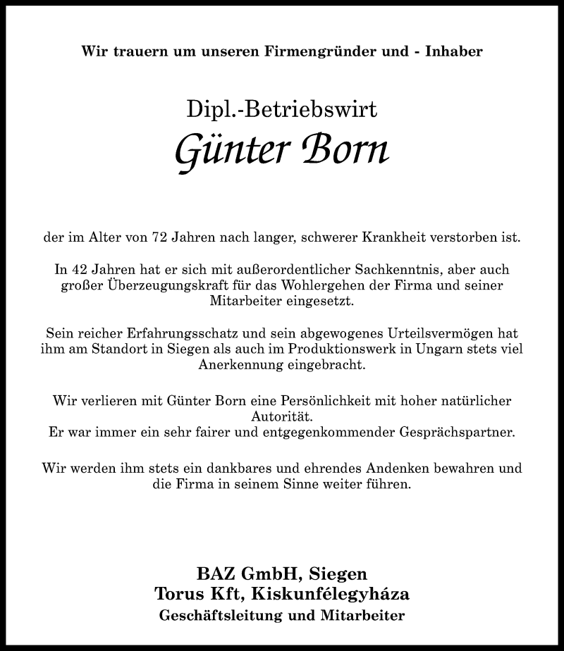  Traueranzeige für Günter Born vom 14.08.2019 aus Westerwälder Zeitung