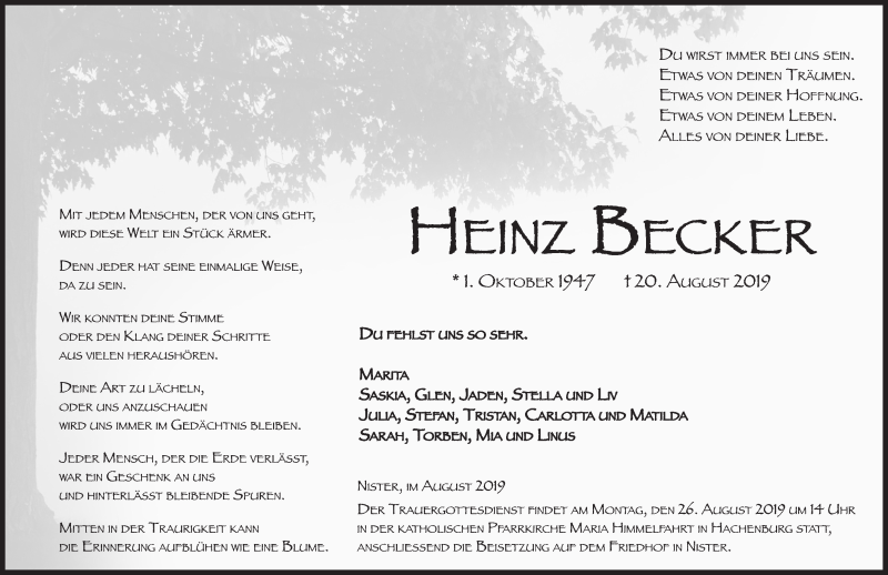 Traueranzeige für Heinz Becker vom 23.08.2019 aus Westerwälder Zeitung