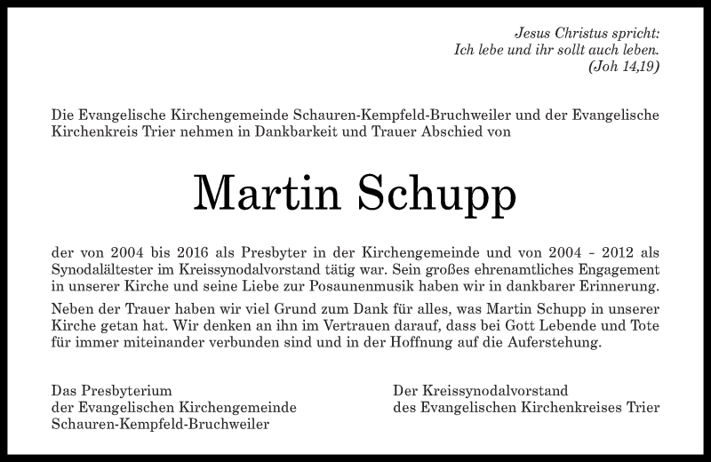  Traueranzeige für Martin Schupp vom 22.08.2019 aus Nahe-Zeitung