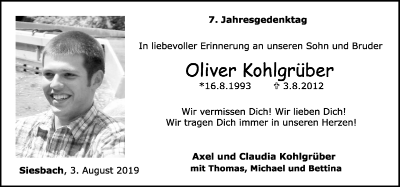  Traueranzeige für Oliver Kohlgrüber vom 03.08.2019 aus Nahe-Zeitung