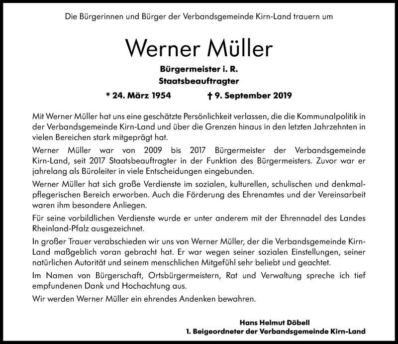  Traueranzeige für Werner Müller vom 11.09.2019 aus Oeffentlicher Anzeiger