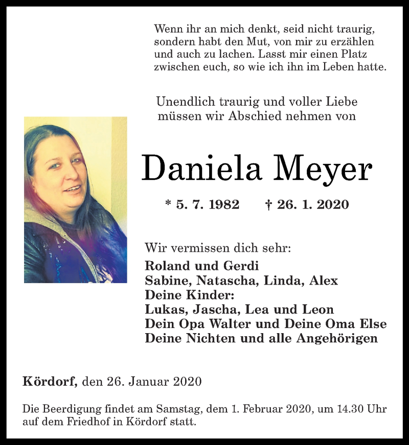  Traueranzeige für Daniela Meyer vom 30.01.2020 aus Rhein-Lahn-Zeitung