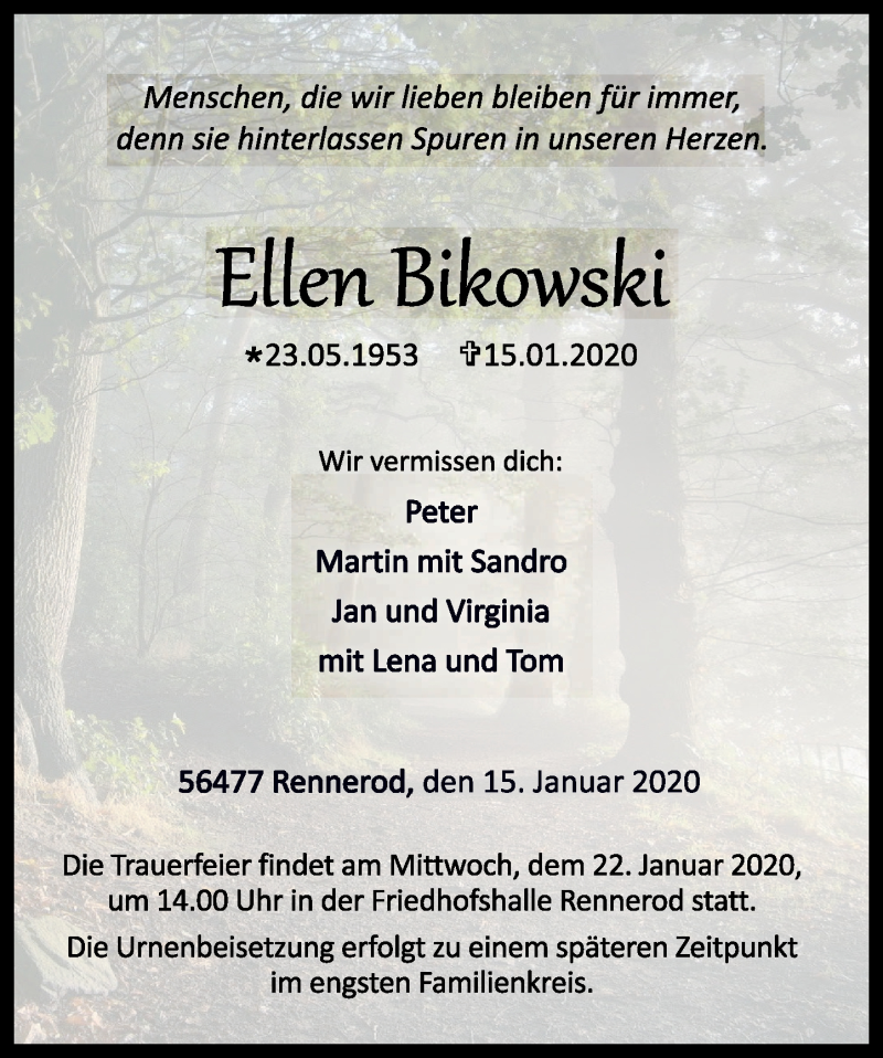  Traueranzeige für Ellen Bikowski vom 18.01.2020 aus Westerwälder Zeitung