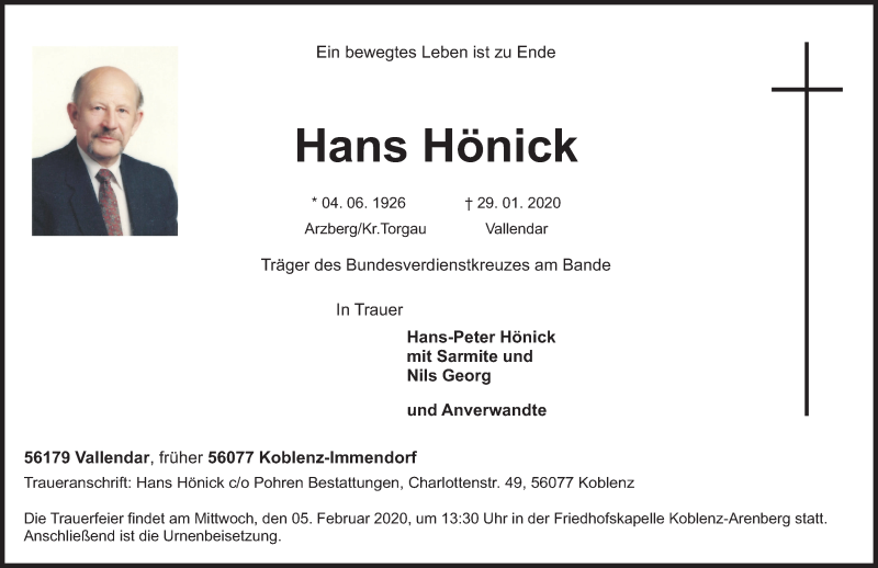  Traueranzeige für Hans Hönick vom 01.02.2020 aus Rhein-Zeitung