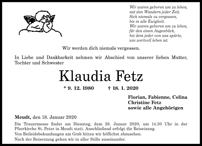  Traueranzeige für Klaudia Fetz vom 25.01.2020 aus Westerwälder Zeitung