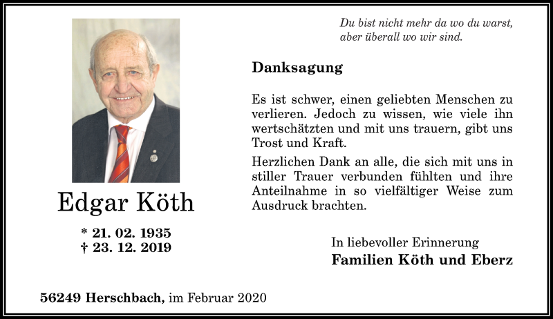  Traueranzeige für Edgar Köth vom 15.02.2020 aus Westerwälder Zeitung