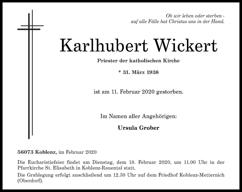  Traueranzeige für Karlhubert Wickert vom 15.02.2020 aus Rhein-Zeitung