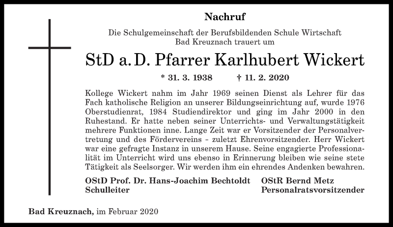  Traueranzeige für Karlhubert Wickert vom 15.02.2020 aus Oeffentlicher Anzeiger