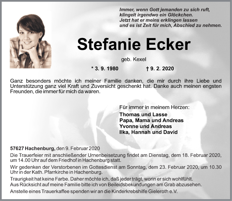  Traueranzeige für Stefanie Ecker vom 14.02.2020 aus Westerwälder Zeitung