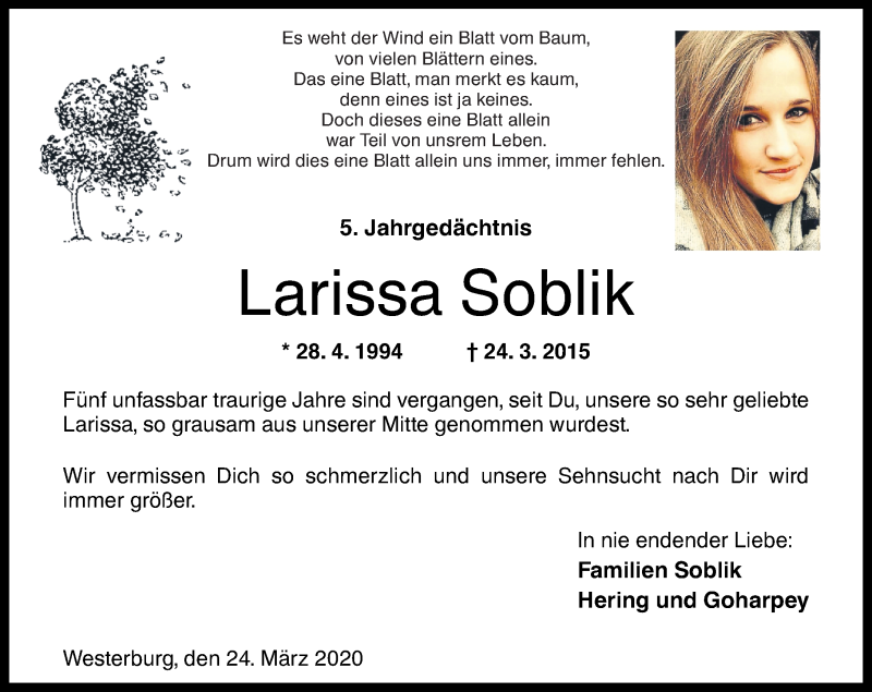 Traueranzeige für Larissa Soblik vom 24.03.2020 aus Westerwälder Zeitung