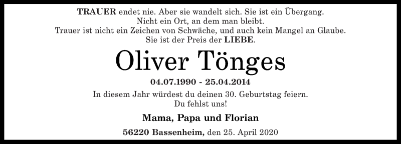  Traueranzeige für Oliver Tönges vom 25.04.2020 aus Rhein-Zeitung