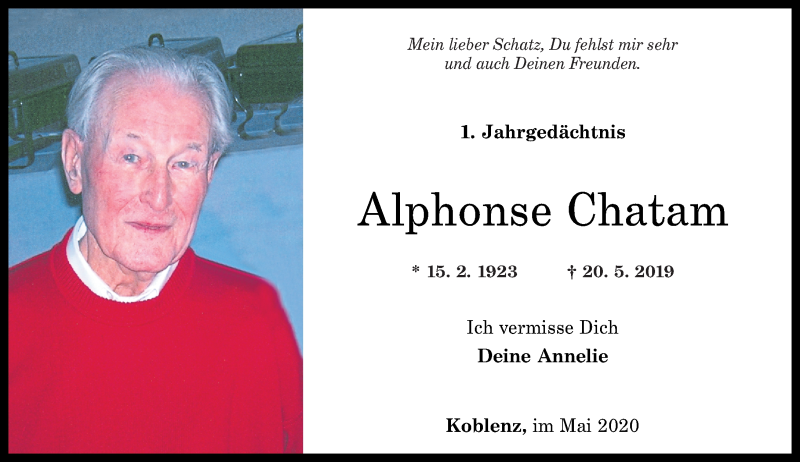  Traueranzeige für Alphonse Chatam vom 23.05.2020 aus Rhein-Zeitung