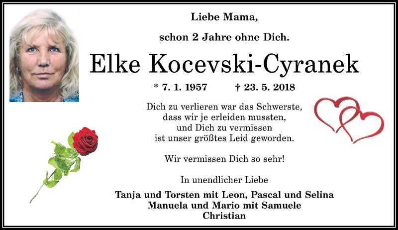  Traueranzeige für Elke Kocevski-Cyranek vom 23.05.2020 aus Rhein-Zeitung