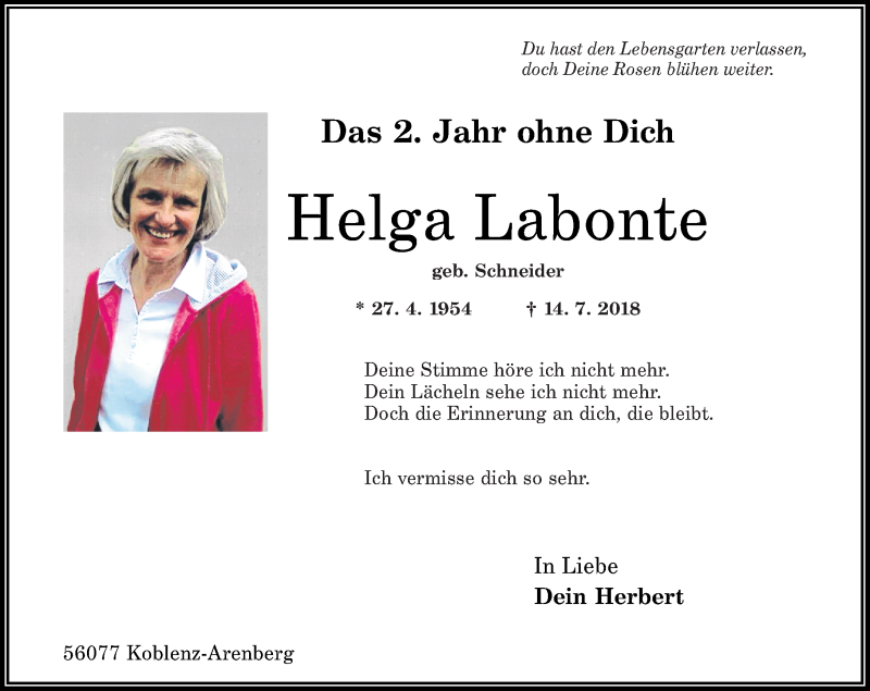 Traueranzeige für Helga Labonte vom 18.07.2020 aus Rhein-Zeitung