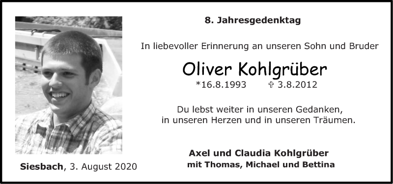  Traueranzeige für Oliver Kohlgrüber vom 03.08.2020 aus Nahe-Zeitung