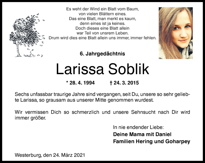  Traueranzeige für Larissa Soblik vom 24.03.2021 aus Westerwälder Zeitung