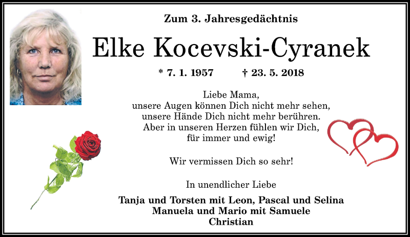  Traueranzeige für Elke Kocevski-Cyranek vom 22.05.2021 aus Rhein-Zeitung