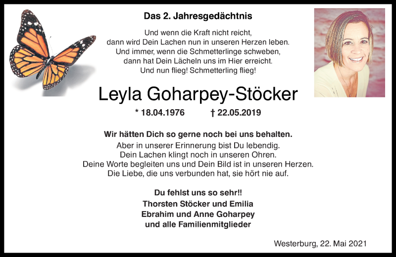  Traueranzeige für Leyla Goharpey-Stöcker vom 22.05.2021 aus Westerwälder Zeitung