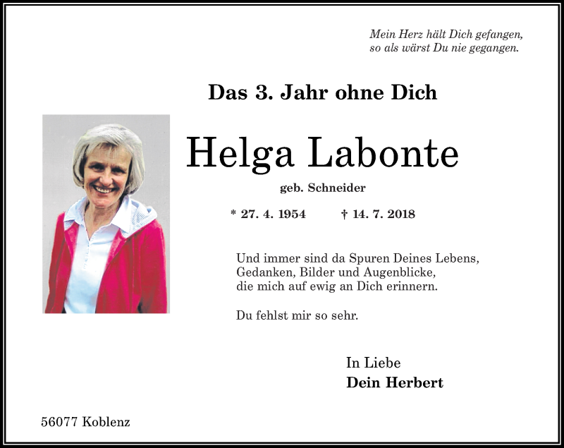 Traueranzeige für Helga Labonte vom 17.07.2021 aus Rhein-Zeitung