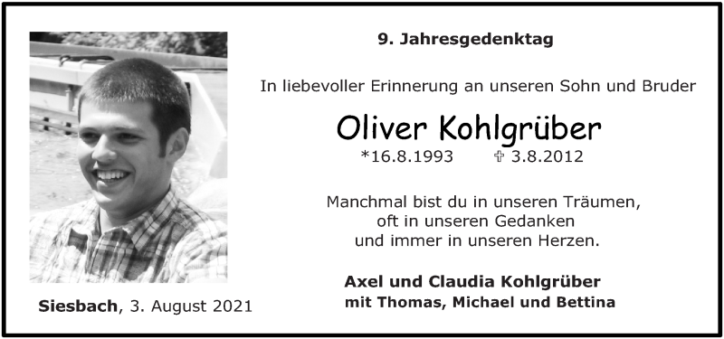  Traueranzeige für Oliver Kohlgrüber vom 03.08.2021 aus Nahe-Zeitung