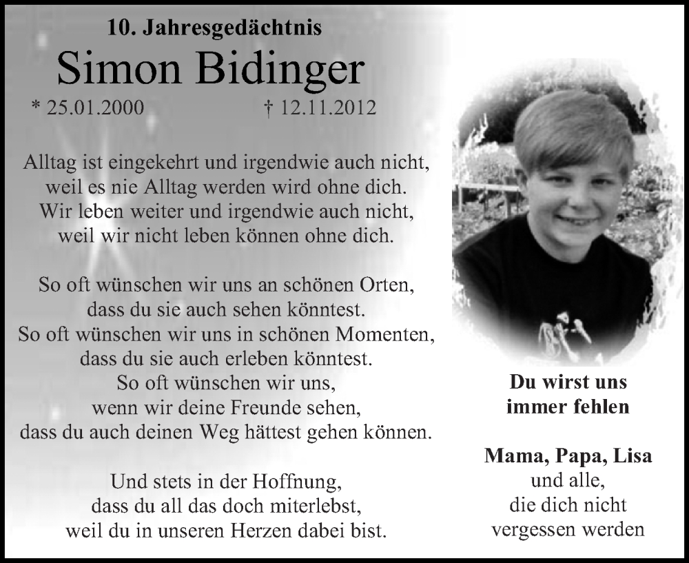  Traueranzeige für Simon Bidinger vom 12.11.2022 aus Nahe-Zeitung