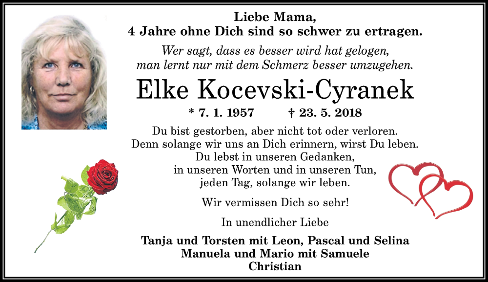  Traueranzeige für Elke Kocevski-Cyranek vom 23.05.2022 aus Rhein-Zeitung