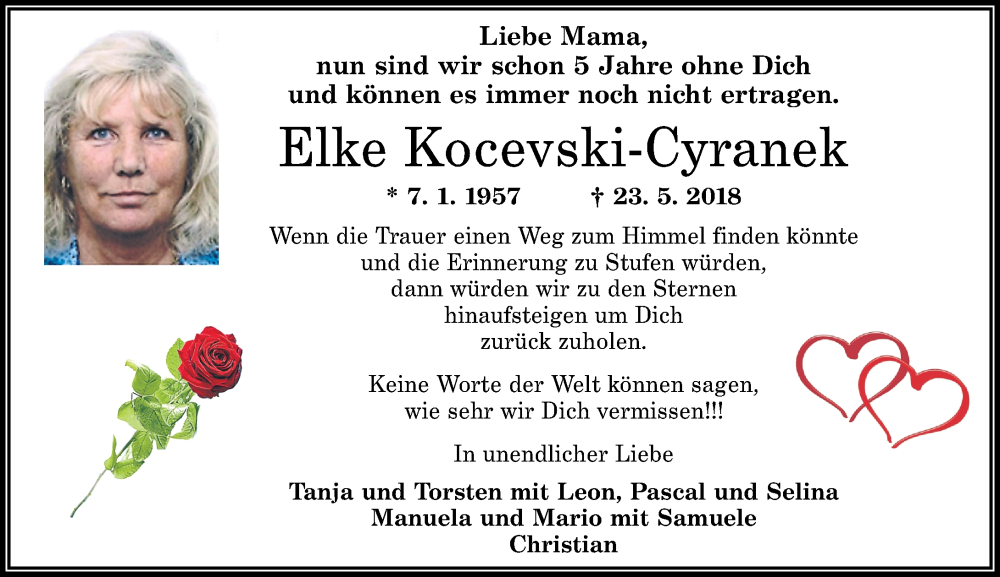  Traueranzeige für Elke Kocevski-Cyranek vom 23.05.2023 aus Rhein-Zeitung