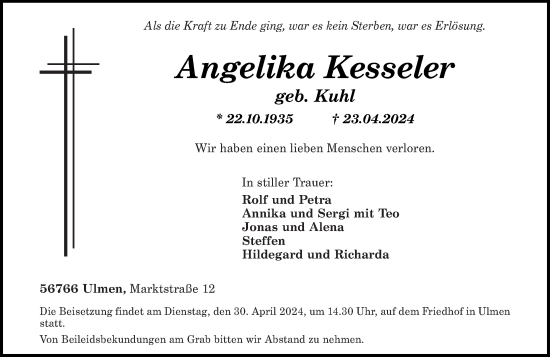 Traueranzeige von Angelika Kesseler von Rhein-Zeitung