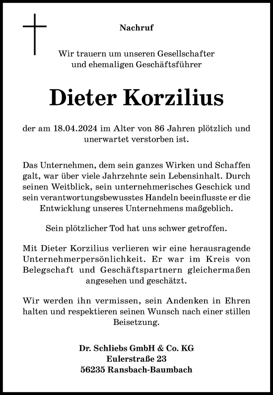 Traueranzeige von Dieter Korzilius von Westerwälder Zeitung