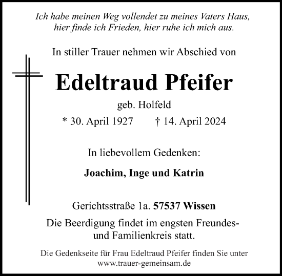 Traueranzeige von Edeltraud Pfeifer von Rhein-Zeitung