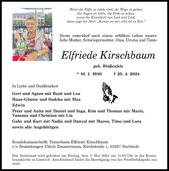 Traueranzeige von Elfriede Kirschbaum von Rhein-Zeitung