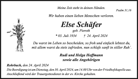 Traueranzeige von Else Schäfer von Rhein-Hunsrück-Zeitung