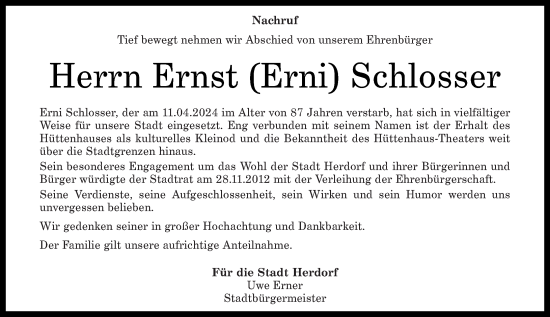 Traueranzeige von Ernst Schlosser von Rhein-Zeitung