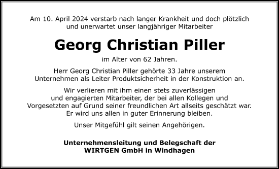 Traueranzeige von Georg Christian Piller von Rhein-Zeitung