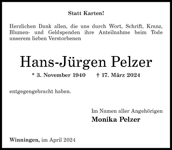 Traueranzeige von Hans-Jürgen Pelzer von Rhein-Zeitung