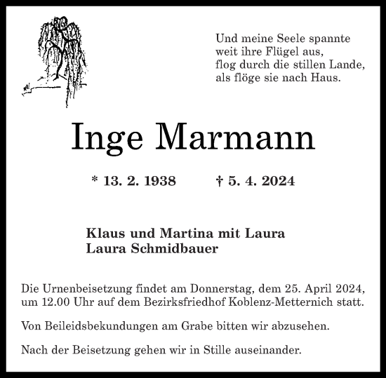 Traueranzeige von Inge Marmann von Rhein-Zeitung