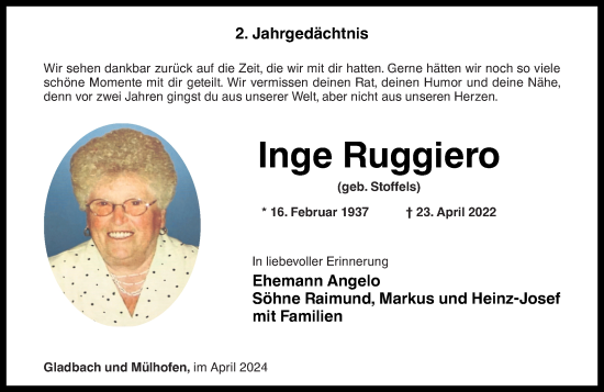 Traueranzeige von Inge Ruggiero von Rhein-Zeitung