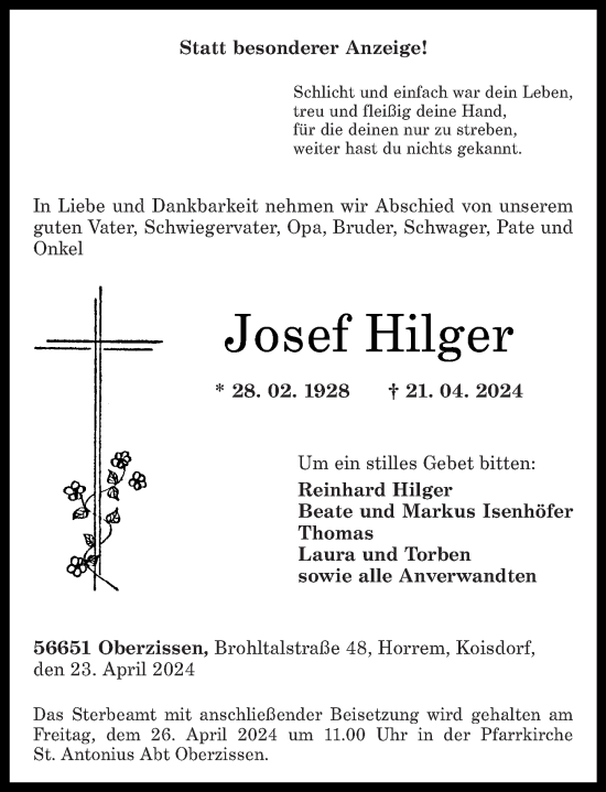 Traueranzeige von Josef Hilger von Rhein-Zeitung