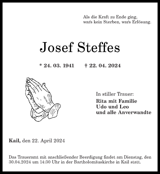 Traueranzeige von Josef Steffes von Rhein-Zeitung