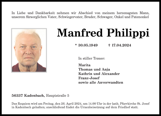 Traueranzeige von Manfred Philippi von Westerwälder Zeitung