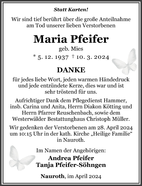 Traueranzeige von Maria Pfeifer von Westerwälder Zeitung, Rhein-Zeitung
