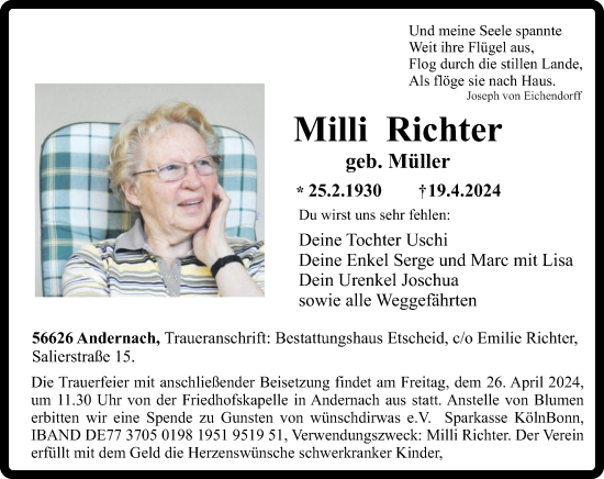 Traueranzeige von Milli Richter von Rhein-Zeitung