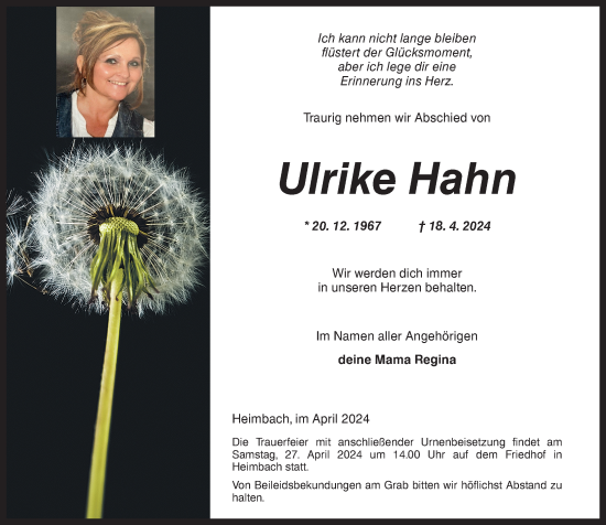 Traueranzeige von Ulrike Hahn von Nahe-Zeitung