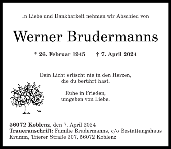 Traueranzeige von Werner Brudermanns von Rhein-Zeitung
