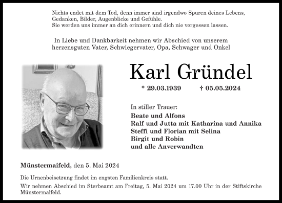 Traueranzeige von Karl Gründel von Rhein-Zeitung